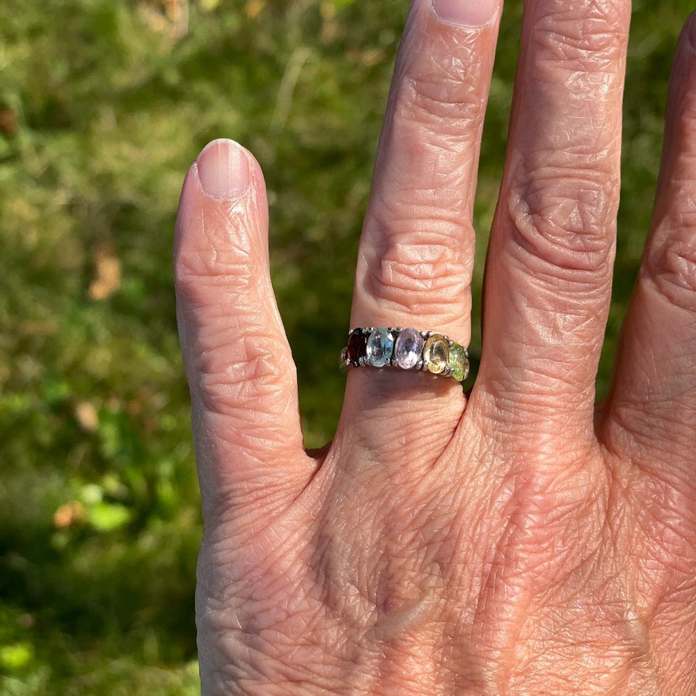 Sterling and Semi Precious Stone Rainbow Ring 6 - Picture 2 of 13